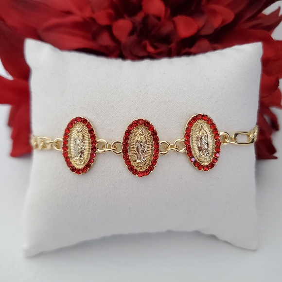 Red Crystal Lady of Guadalupe Gold Plated Necklace & Bracelet - Picture 4 of 7